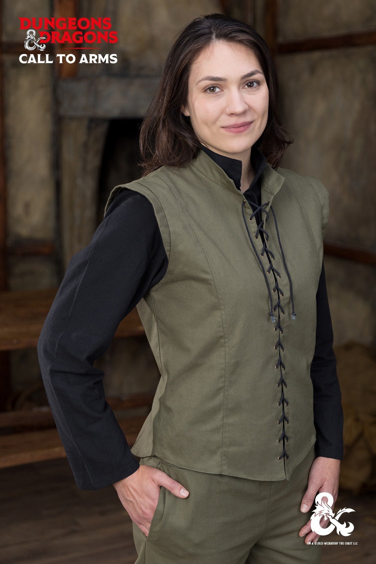 Dungeons & Dragons Ranger Vest in Seaweed color, featuring a stand-up collar and customizable lacing.