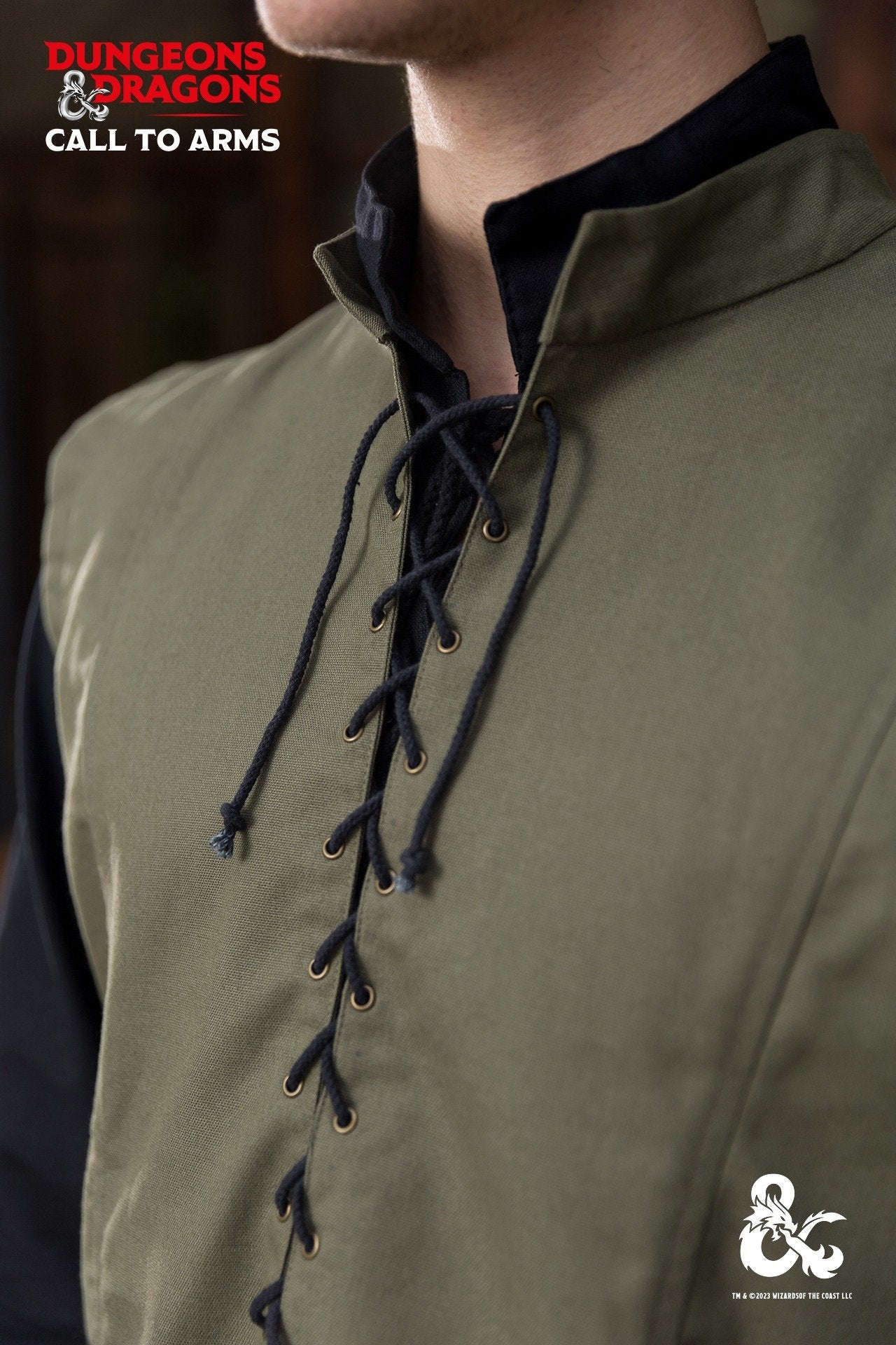 Dungeons & Dragons Ranger Vest in Seaweed color, featuring a stand-up collar and customizable lacing.