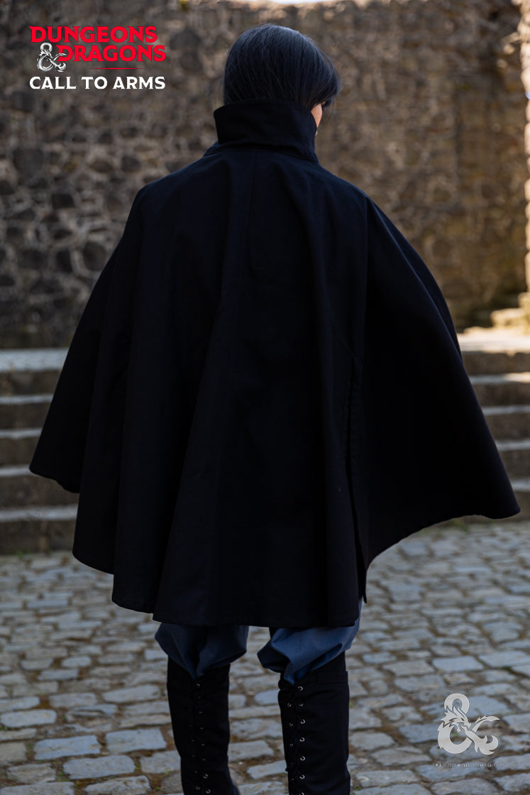 Dungeons & Dragons Rogue Cape in black, featuring a turn-over collar, drawstrings for a hood, and a hidden button pocket.