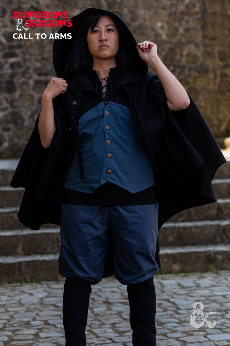 Dungeons & Dragons Rogue Garment Set in Black and Woad Blue, featuring a tunic, hooded vest, cape, trousers, and gaiters, designed for stealth and combat.