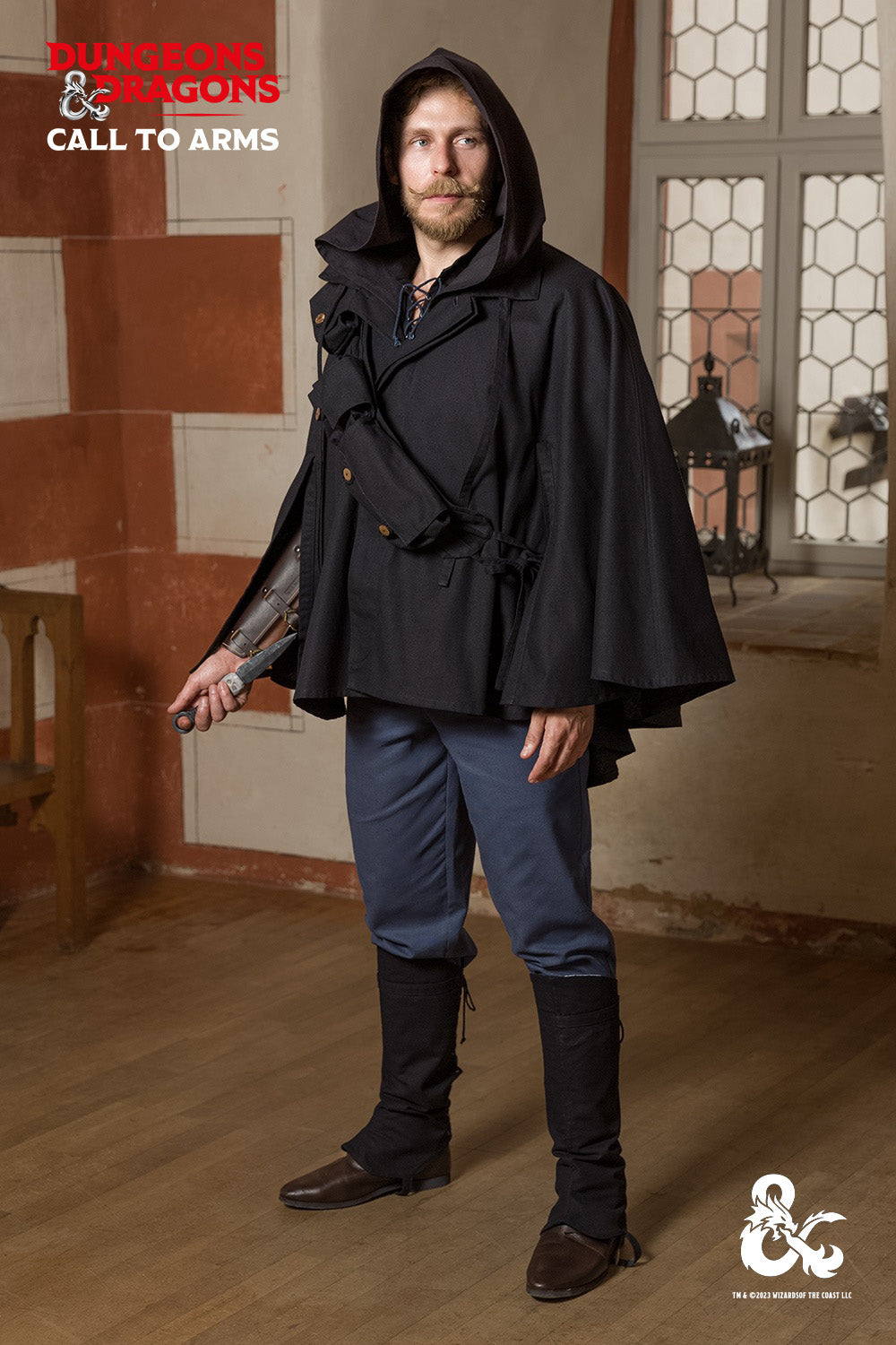 Dungeons & Dragons Rogue Garment Set in Black and Woad Blue, featuring a tunic, hooded vest, cape, trousers, and gaiters, designed for stealth and combat.