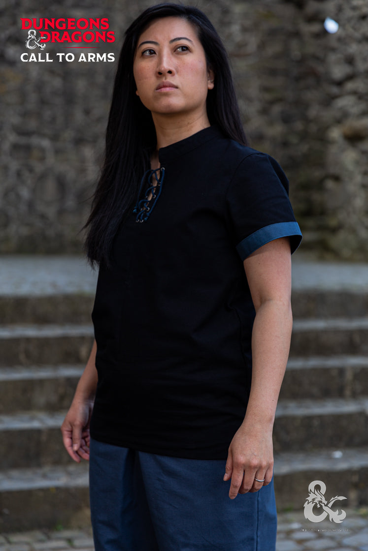 Dungeons & Dragons Rogue Garment Set in Black and Woad Blue, featuring a tunic, hooded vest, cape, trousers, and gaiters, designed for stealth and combat.