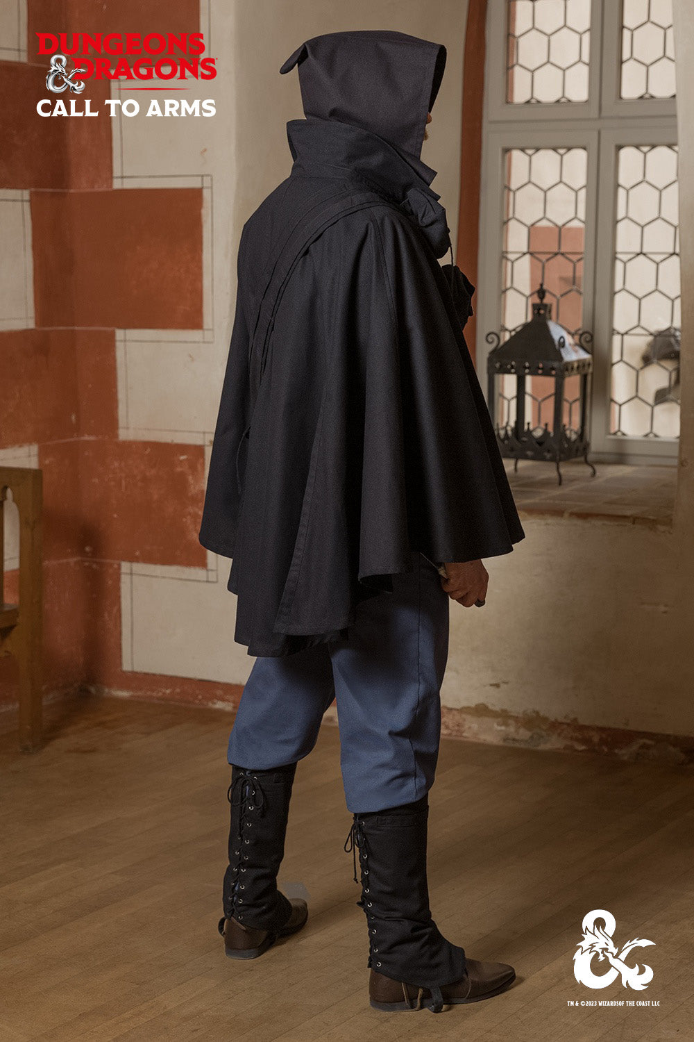 Dungeons & Dragons Rogue Garment Set in Black and Woad Blue, featuring a tunic, hooded vest, cape, trousers, and gaiters, designed for stealth and combat.