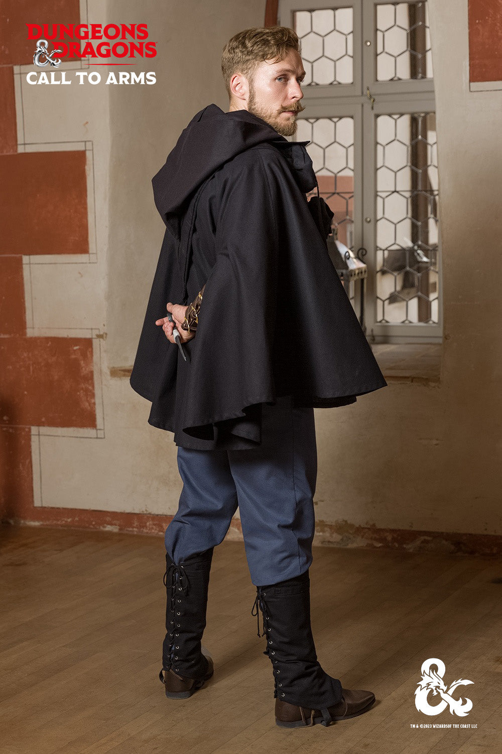 Dungeons & Dragons Rogue Garment Set in Black and Woad Blue, featuring a tunic, hooded vest, cape, trousers, and gaiters, designed for stealth and combat.
