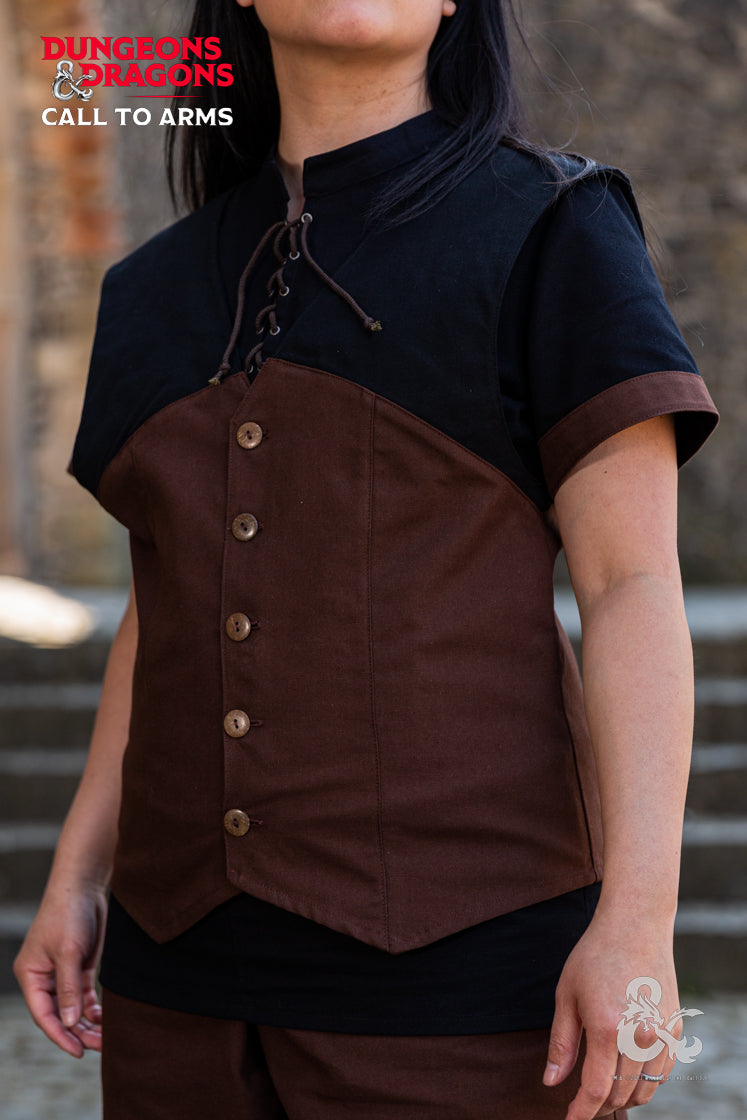 Brown Dungeons & Dragons Rogue Hooded Vest with buttoned hood and pointed hem, showcasing contrast color at shoulders.