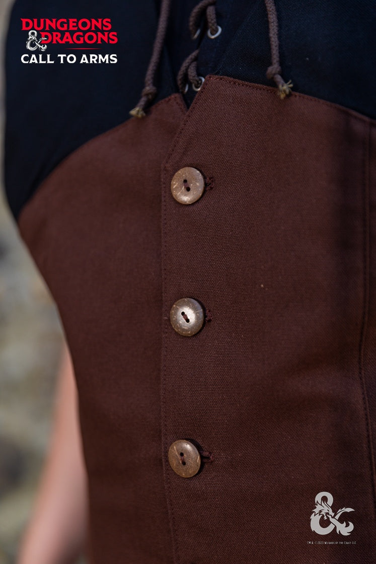 Brown Dungeons & Dragons Rogue Hooded Vest with buttoned hood and pointed hem, showcasing contrast color at shoulders.