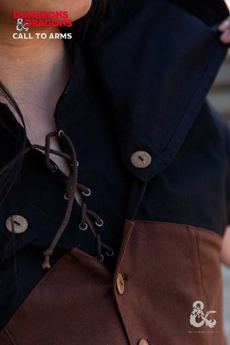 Brown Dungeons & Dragons Rogue Hooded Vest with buttoned hood and pointed hem, showcasing contrast color at shoulders.