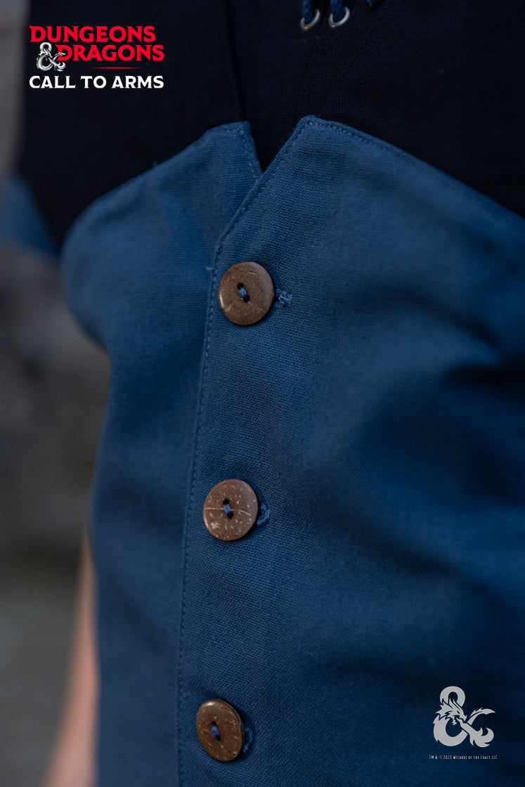 Dungeons & Dragons Rogue Hooded Vest in Woad Blue featuring a buttoned hood, contrast shoulder detailing, and a pointed hem for an edgy look.