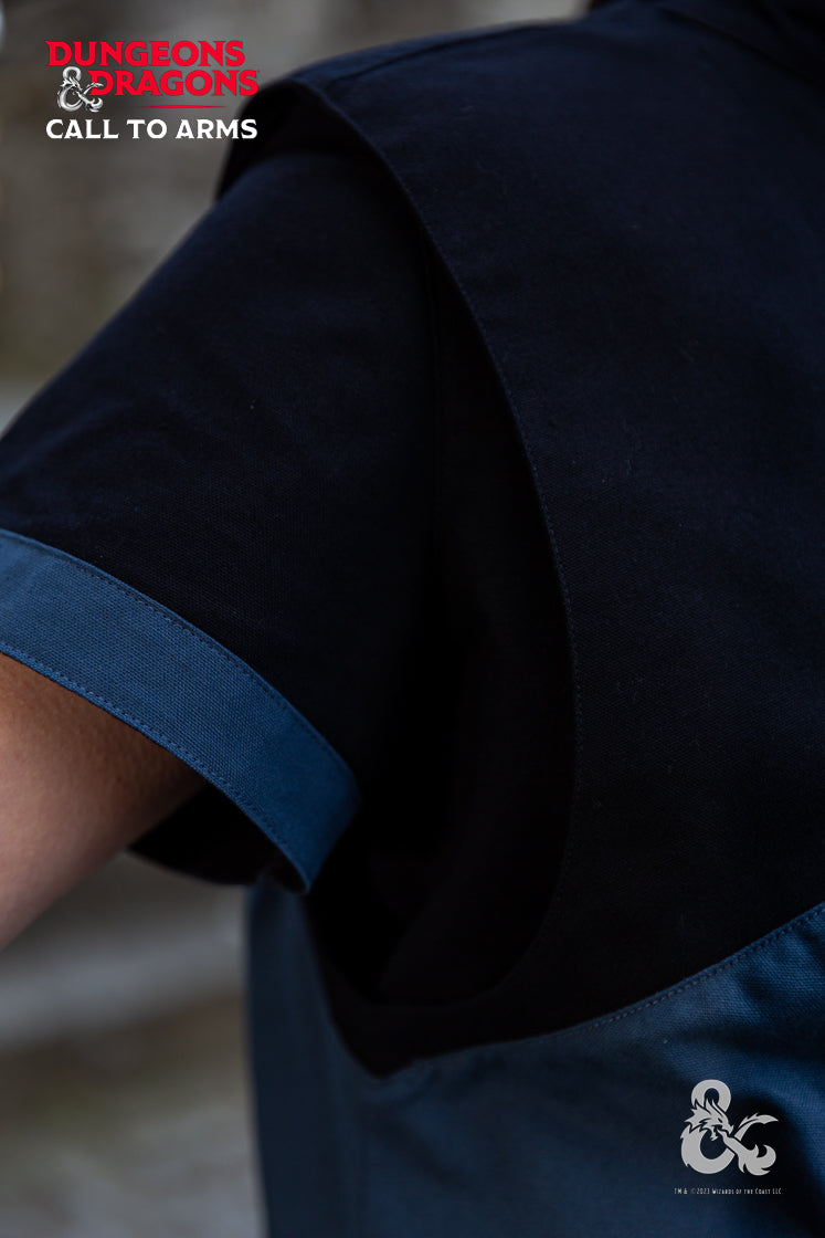 Dungeons & Dragons Rogue Hooded Vest in Woad Blue featuring a buttoned hood, contrast shoulder detailing, and a pointed hem for an edgy look.