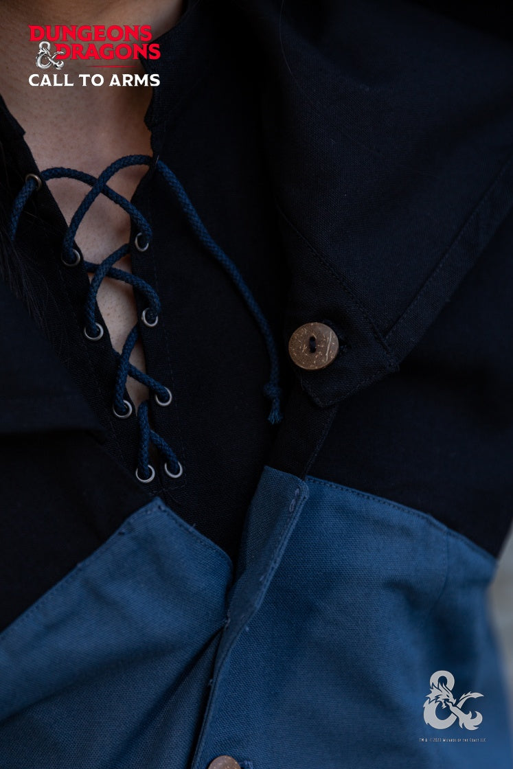 Dungeons & Dragons Rogue Hooded Vest in Woad Blue featuring a buttoned hood, contrast shoulder detailing, and a pointed hem for an edgy look.