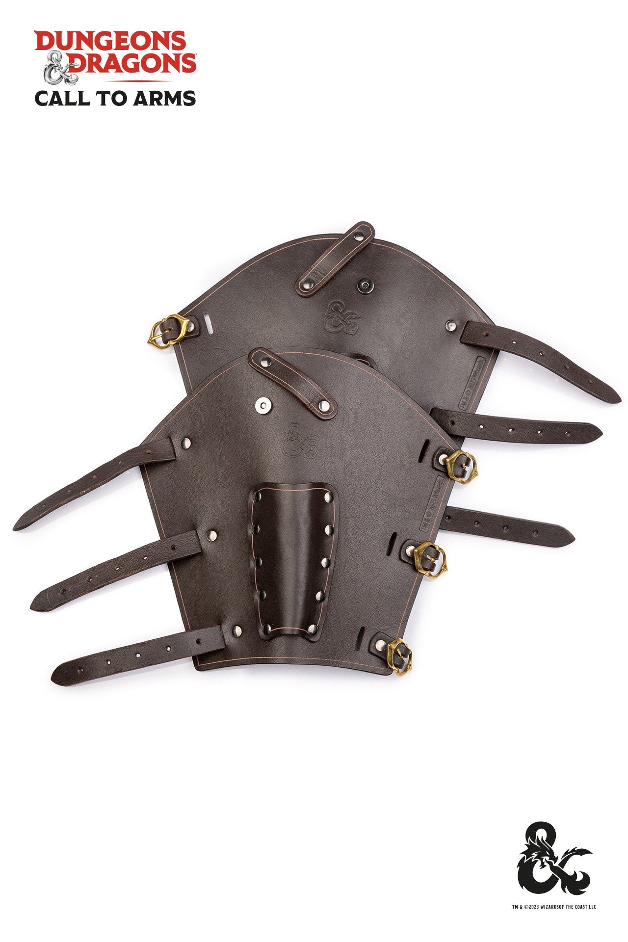 Brown leather bracers designed for Dungeons & Dragons rogues, featuring a knife compartment and elegant metal clasps.
