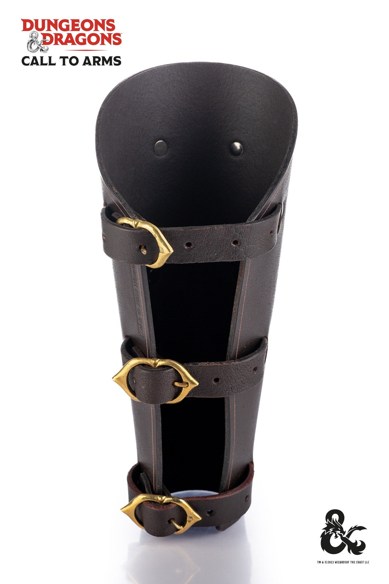 Brown leather bracers designed for Dungeons & Dragons rogues, featuring a knife compartment and elegant metal clasps.