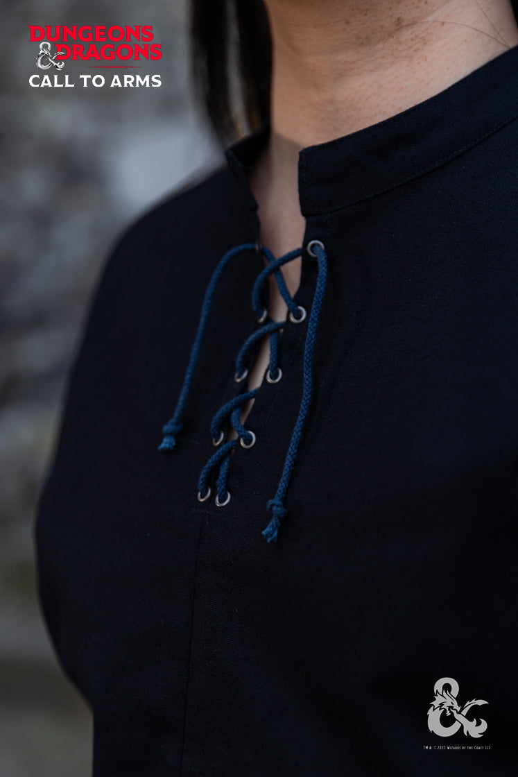 Dungeons & Dragons Rogue Shirt in black and blue with a turn over collar and short sleeves, showcasing stylish design and contrast color details.