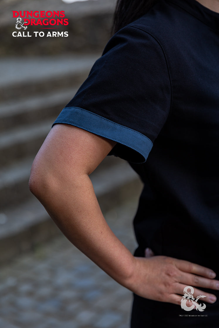 Dungeons & Dragons Rogue Shirt in black and blue with a turn over collar and short sleeves, showcasing stylish design and contrast color details.