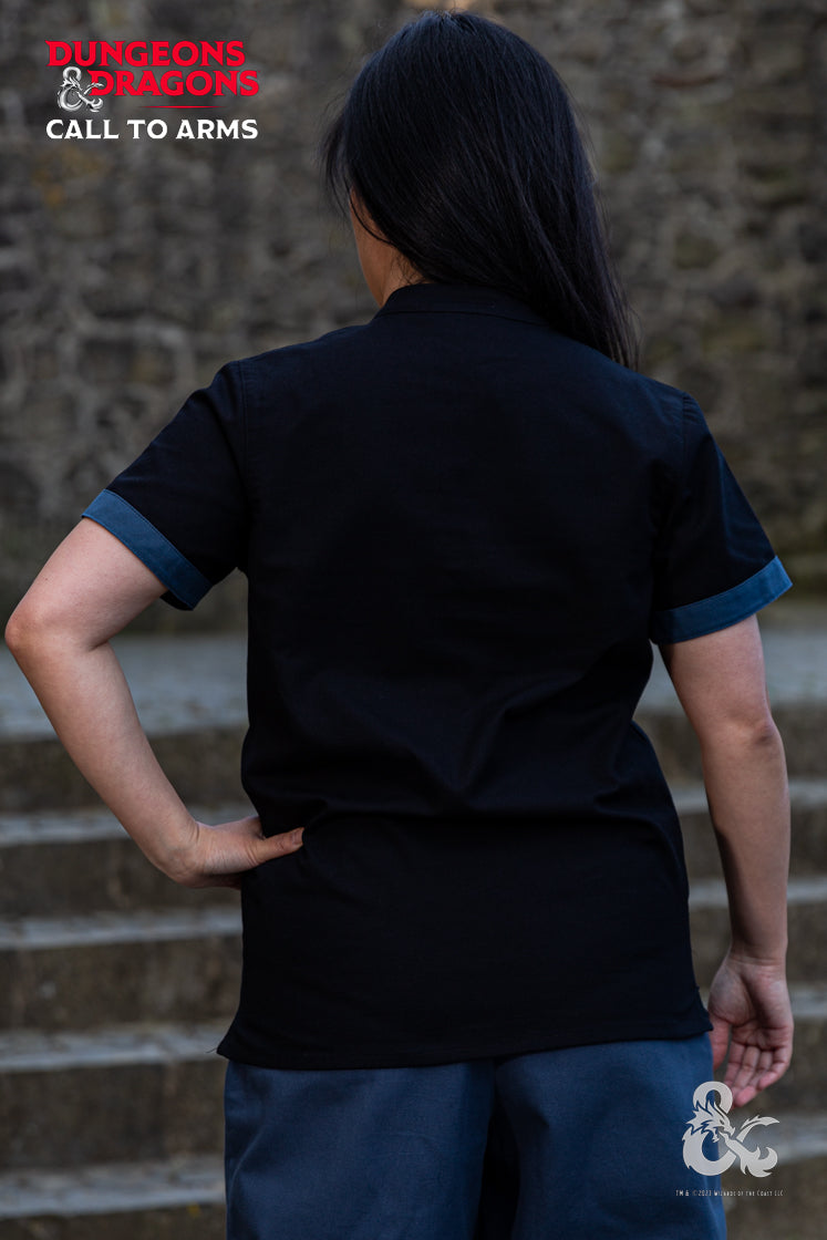 Dungeons & Dragons Rogue Shirt in black and blue with a turn over collar and short sleeves, showcasing stylish design and contrast color details.