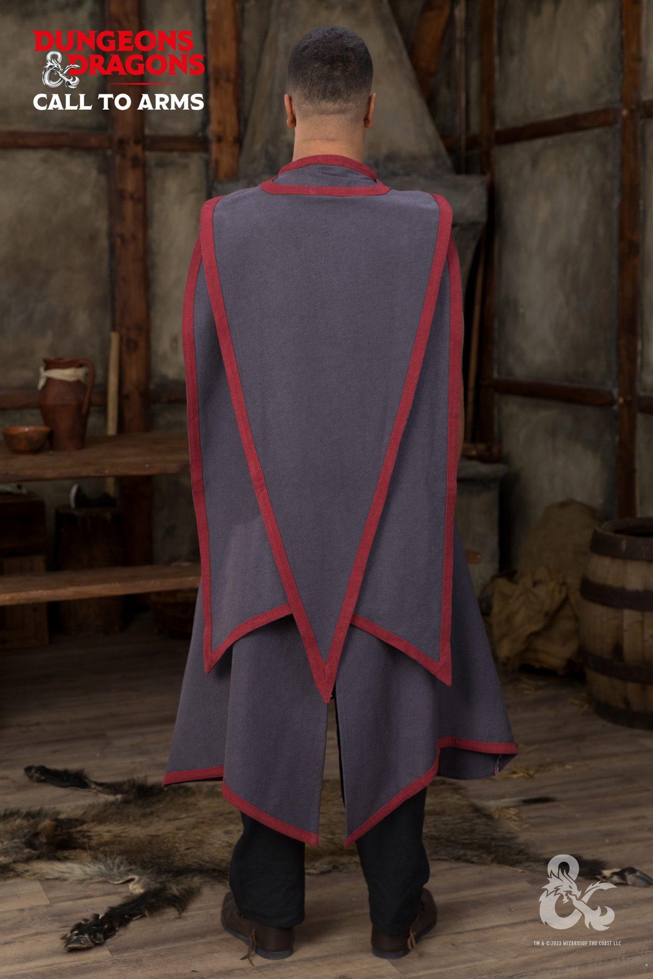 Dungeons & Dragons Sorcerer Cape in Gray and Red with contrast trim, showcasing its double-layered design and secure attachment loops.
