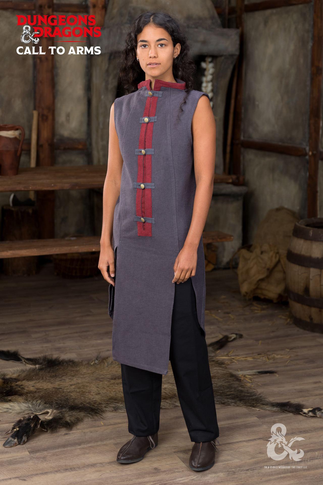 Dungeons & Dragons Sorcerer Sleeveless Tunic in Gray and Red with brass buttons and elegant trim.