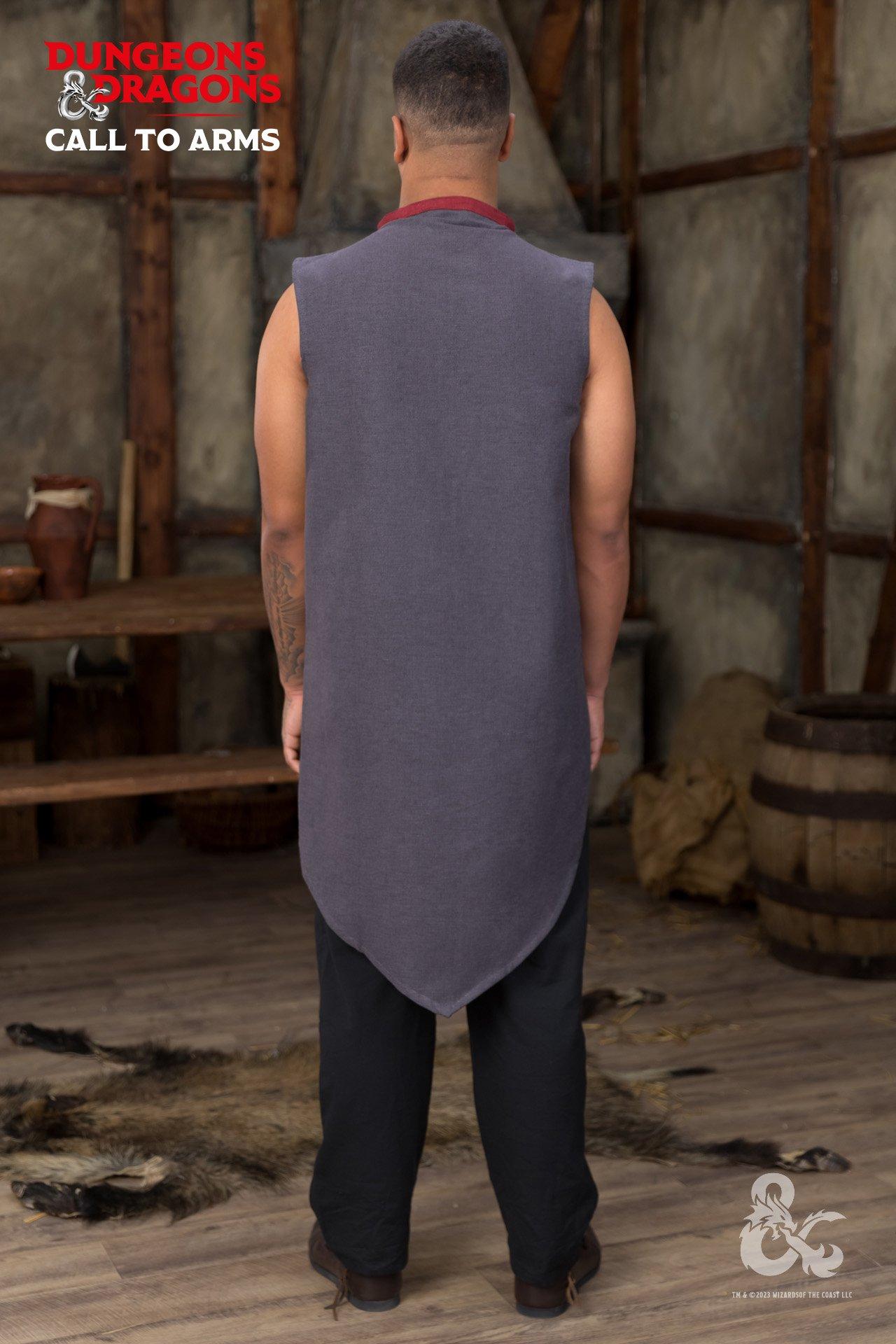 Dungeons & Dragons Sorcerer Sleeveless Tunic in Gray and Red with brass buttons and elegant trim.