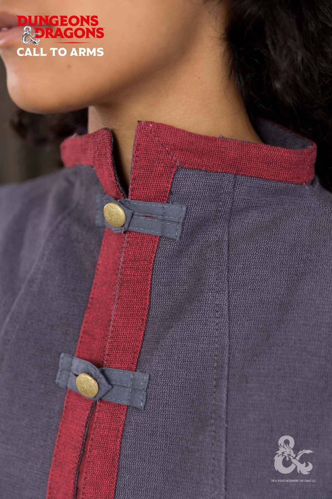 Dungeons & Dragons Sorcerer Sleeveless Tunic in Gray and Red with brass buttons and elegant trim.