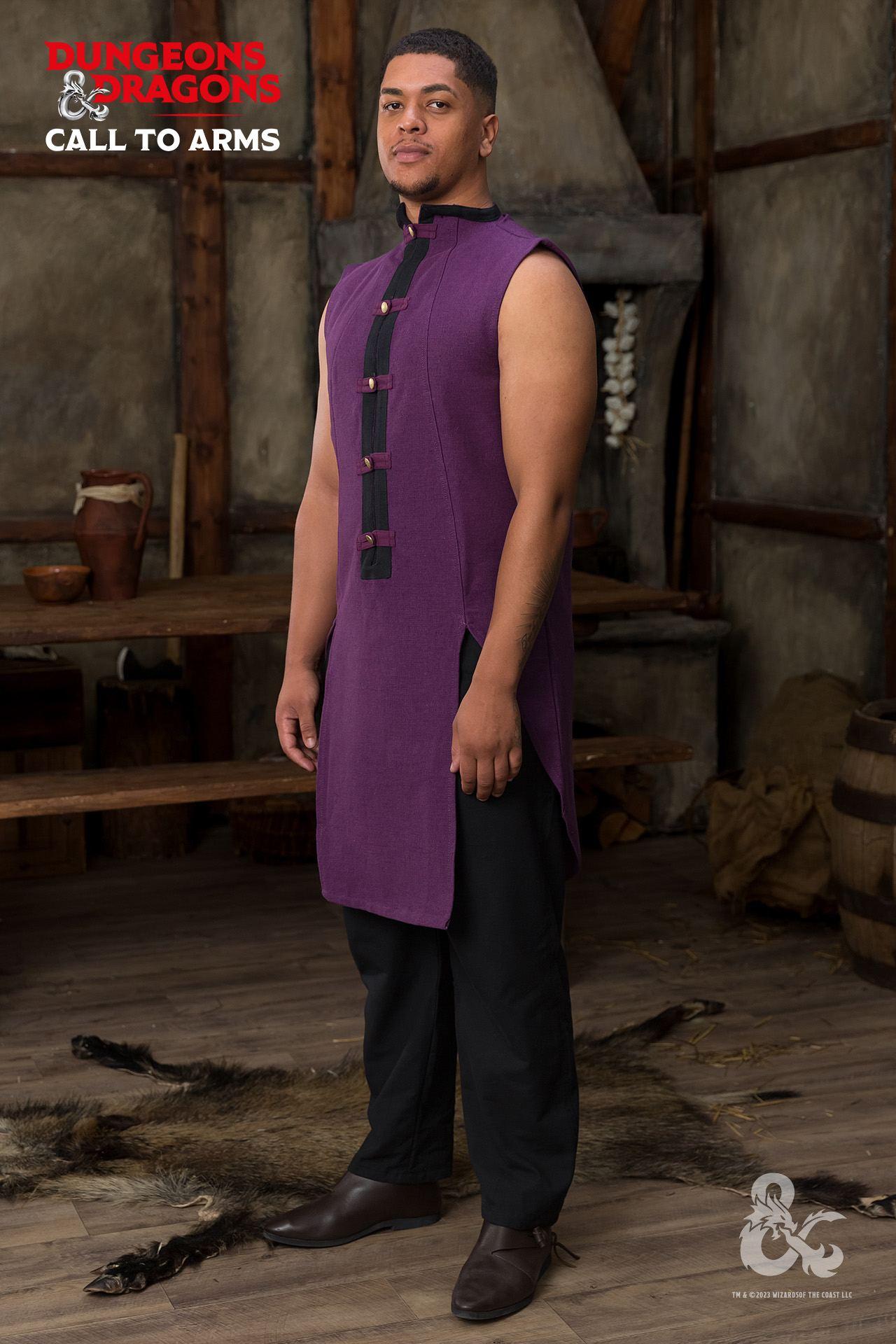 Dungeons & Dragons Sorcerer Sleeveless Tunic in purple and black, featuring a stylish slit neckline and brass buttons.