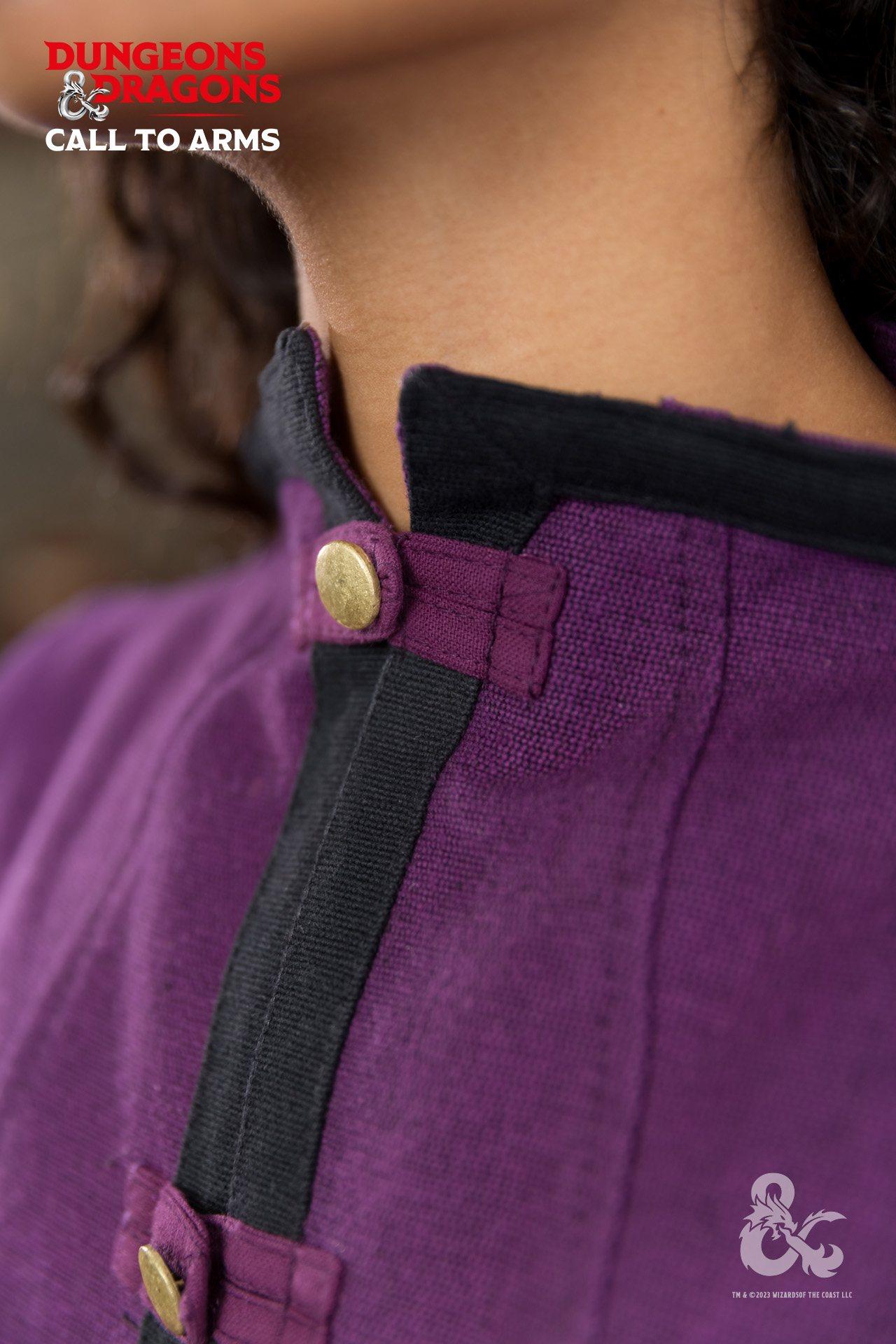 Dungeons & Dragons Sorcerer Sleeveless Tunic in purple and black, featuring a stylish slit neckline and brass buttons.