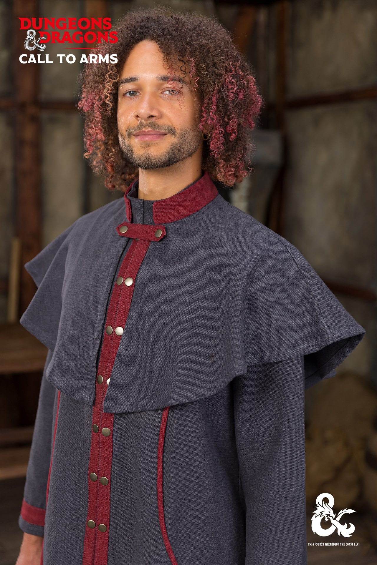 Dungeons & Dragons Warlock Cape in Grey and Red with a stand-up collar and secure closure, perfect for role-playing.