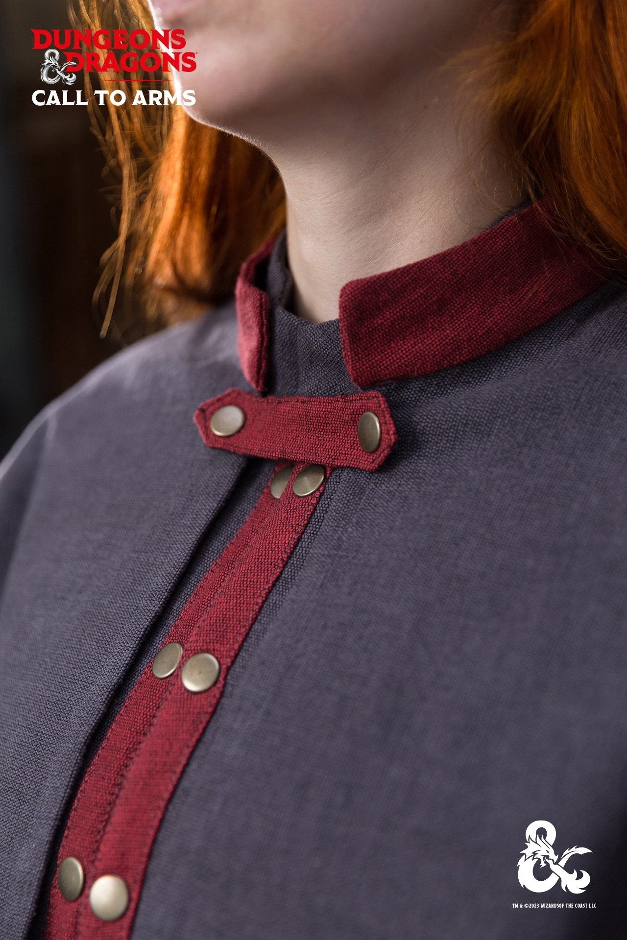 Dungeons & Dragons Warlock Cape in Grey and Red with a stand-up collar and secure closure, perfect for role-playing.