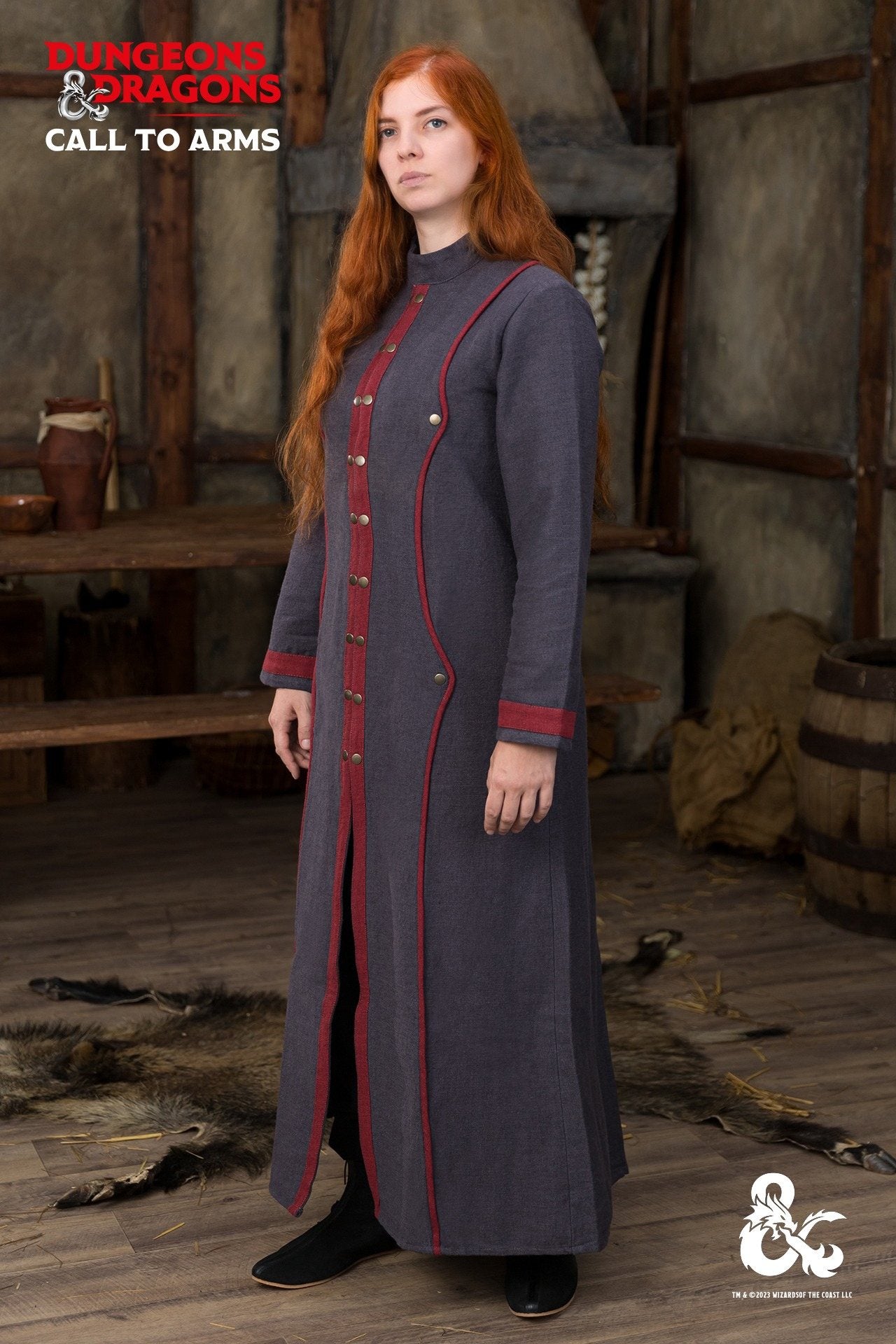 Dungeons & Dragons Warlock Coat in Grey and Red with stand-up collar and contrast trims, perfect for cosplay and gaming events.