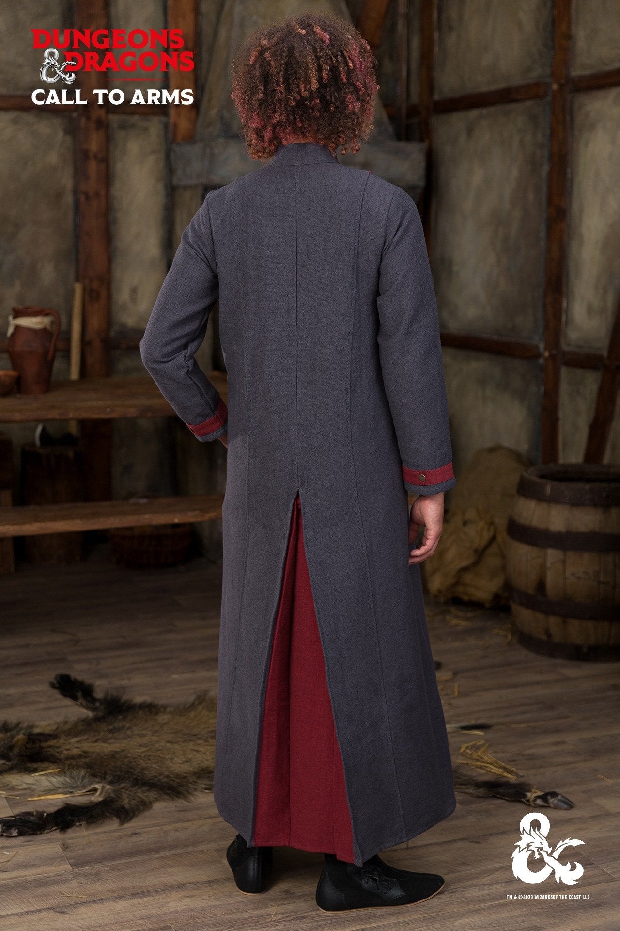 Dungeons & Dragons Warlock Coat in Grey and Red with stand-up collar and contrast trims, perfect for cosplay and gaming events.