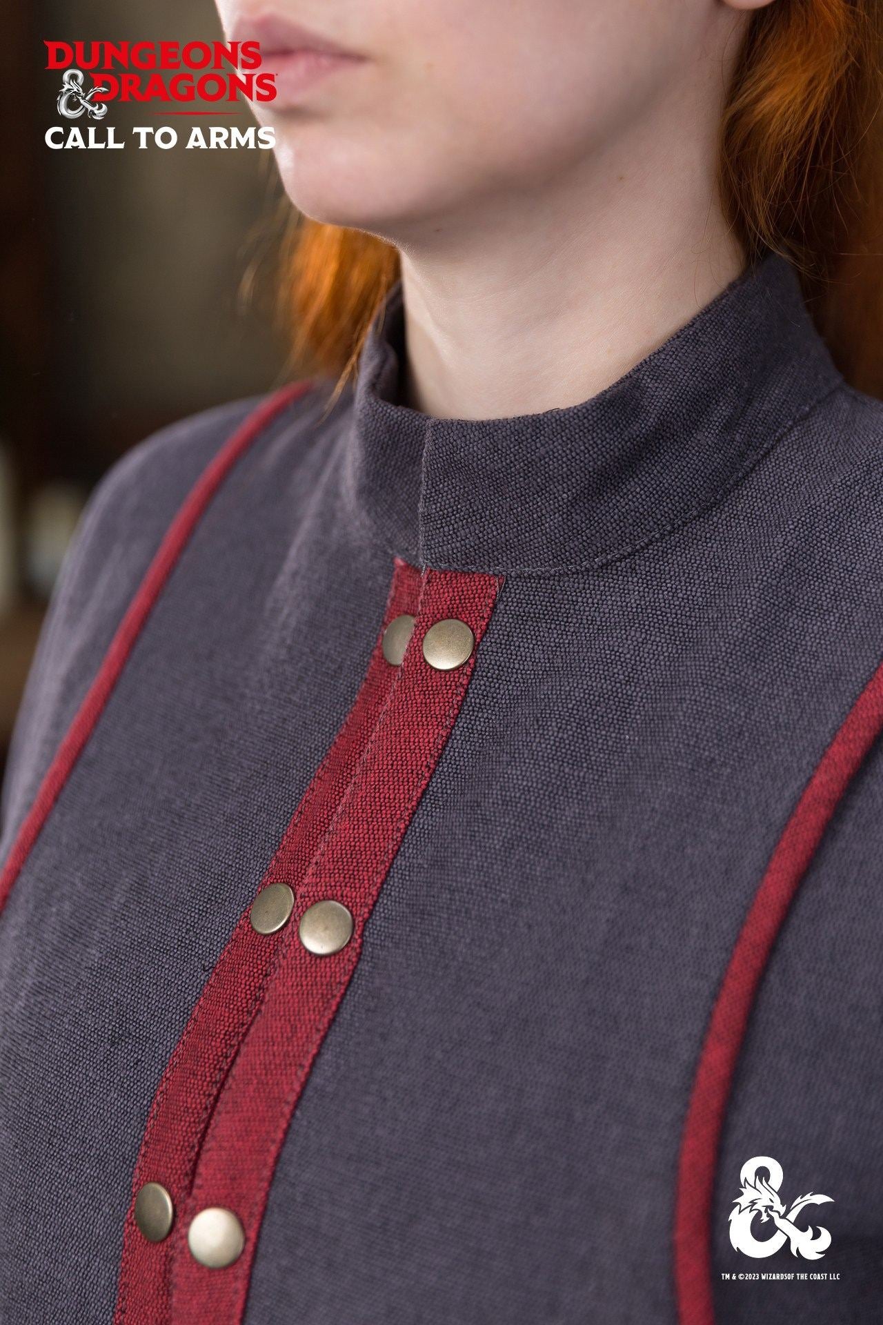 Dungeons & Dragons Warlock Coat in Grey and Red with stand-up collar and contrast trims, perfect for cosplay and gaming events.