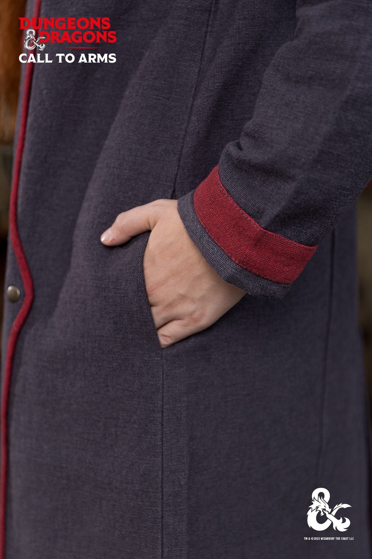 Dungeons & Dragons Warlock Coat in Grey and Red with stand-up collar and contrast trims, perfect for cosplay and gaming events.