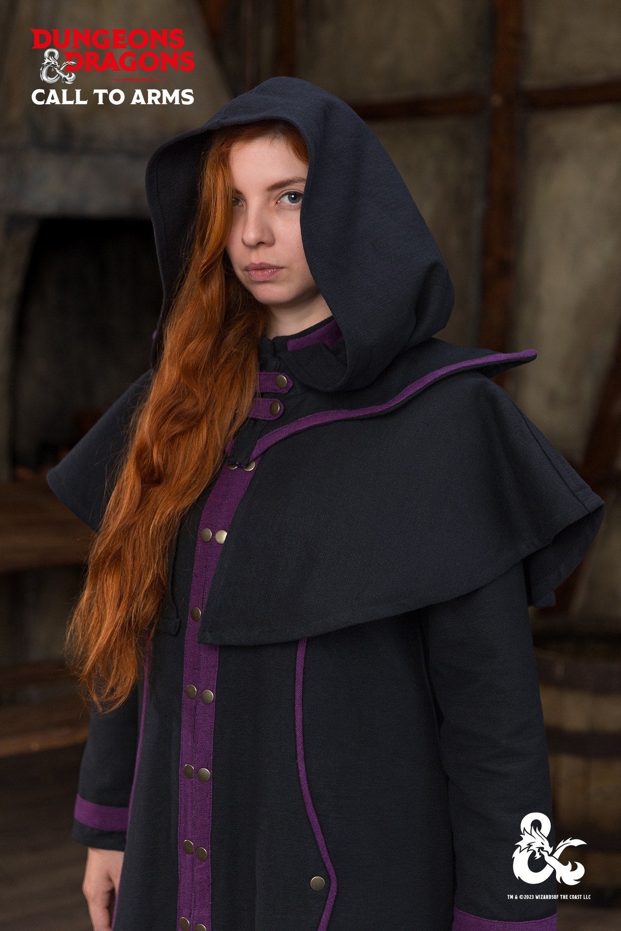 Dungeons & Dragons Warlock Hood in black and purple, featuring striking contrast edges and a mystical design.
