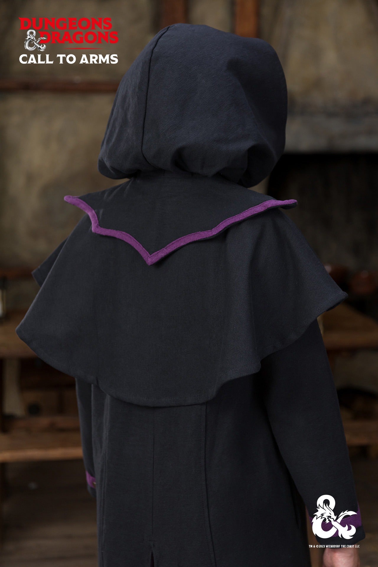 Dungeons & Dragons Warlock Hood in black and purple, featuring striking contrast edges and a mystical design.