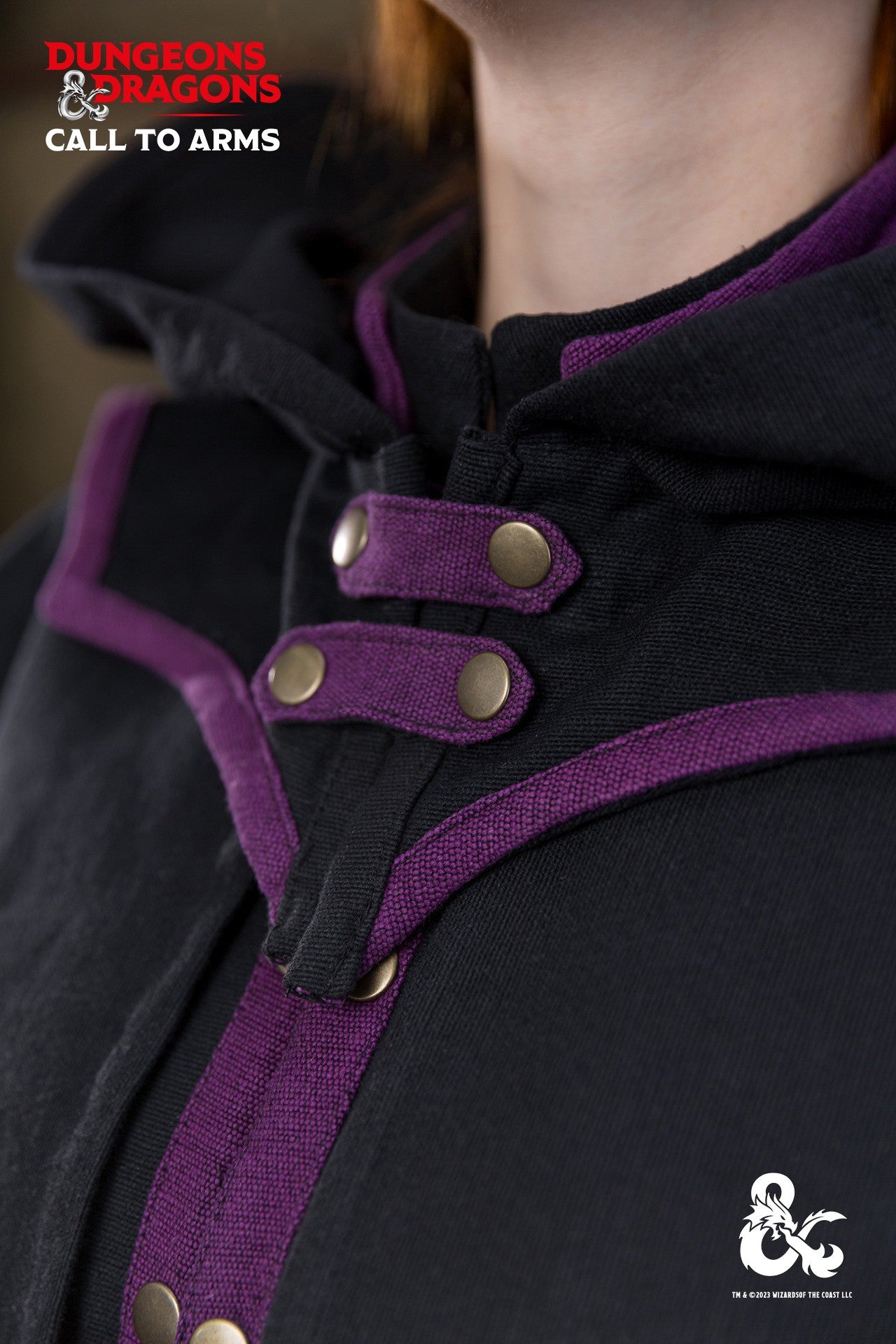 Dungeons & Dragons Warlock Hood in black and purple, featuring striking contrast edges and a mystical design.