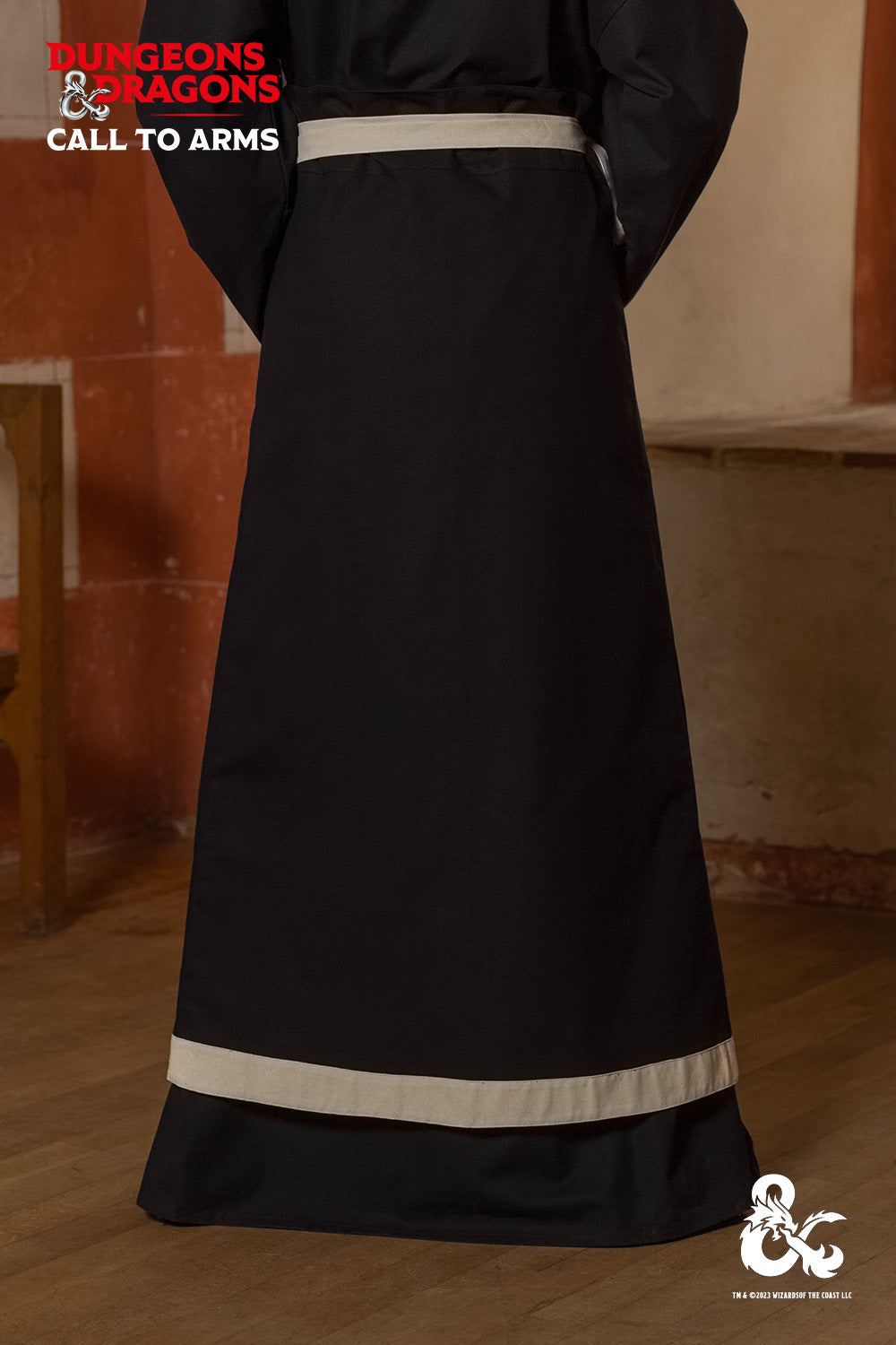 Dungeons & Dragons Wizard Battle Skirt in Black and Natural colors, featuring a wrapped design and contrast waistband.