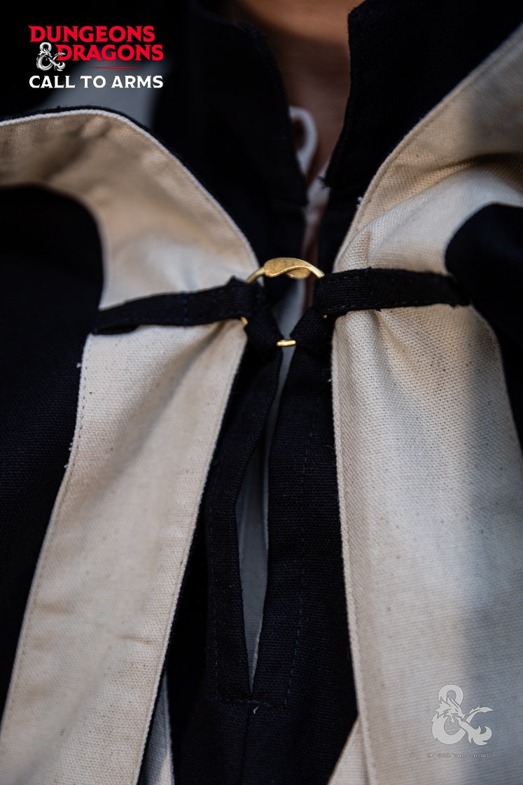 Dungeons & Dragons Wizard Cape in Black/Natural with a large hood and integrated loops for closure, showcasing its stylish design.