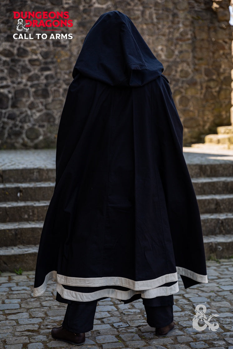 Dungeons & Dragons Wizard Cape in Black/Natural with a large hood and integrated loops for closure, showcasing its stylish design.