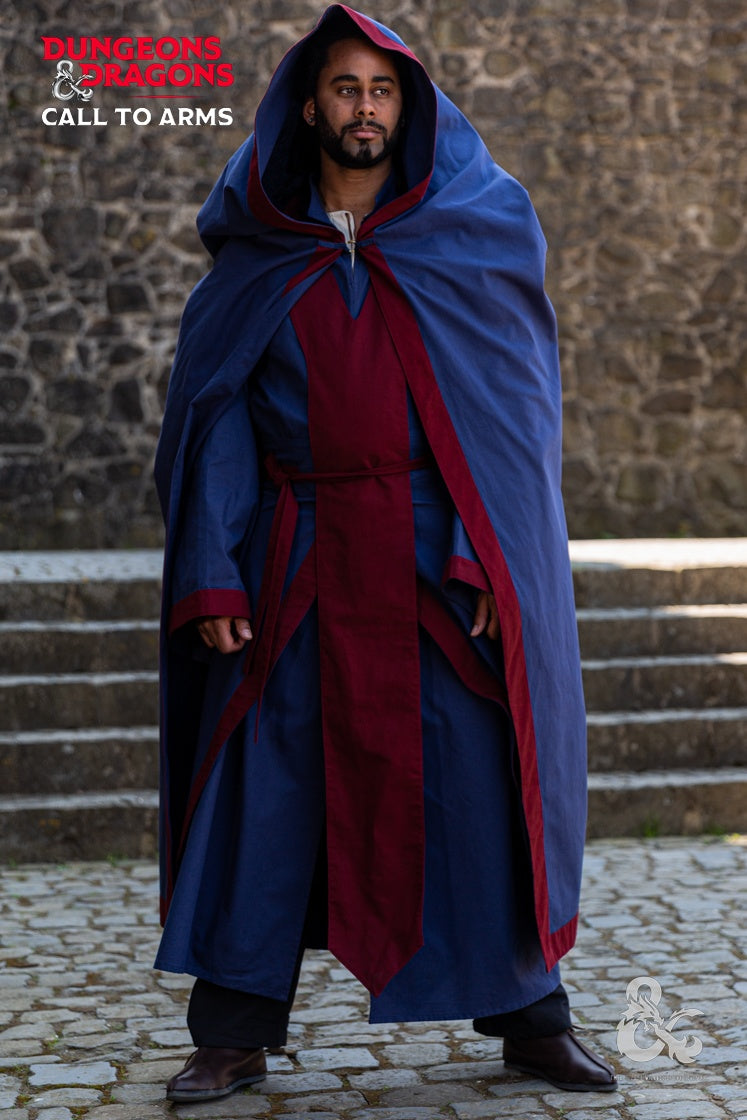 Dungeons & Dragons Wizard Cape in Dark Blue and Bordeaux, featuring a large hood and integrated loops for closure.