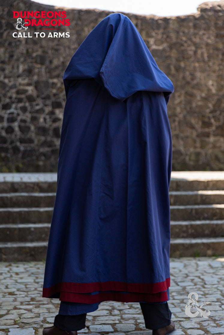 Dungeons & Dragons Wizard Cape in Dark Blue and Bordeaux, featuring a large hood and integrated loops for closure.