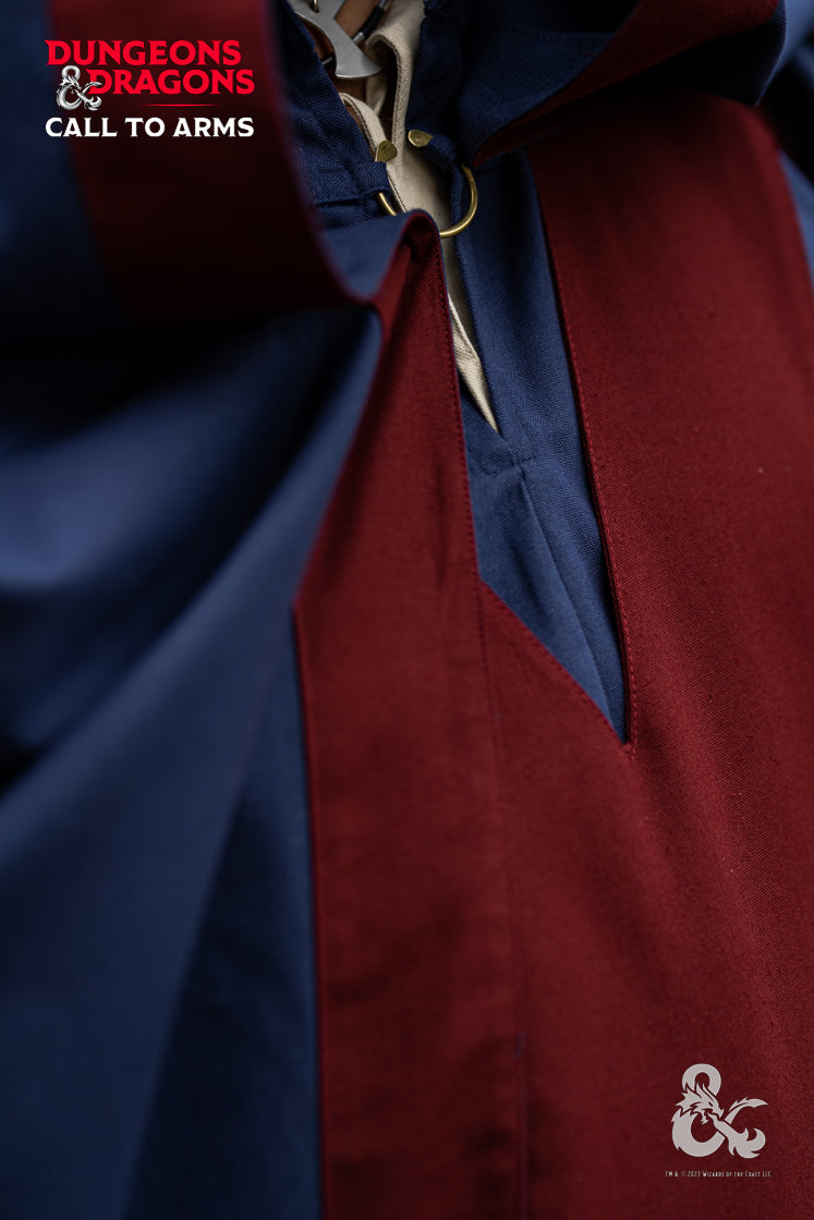 Dungeons & Dragons Wizard Cape in Dark Blue and Bordeaux, featuring a large hood and integrated loops for closure.