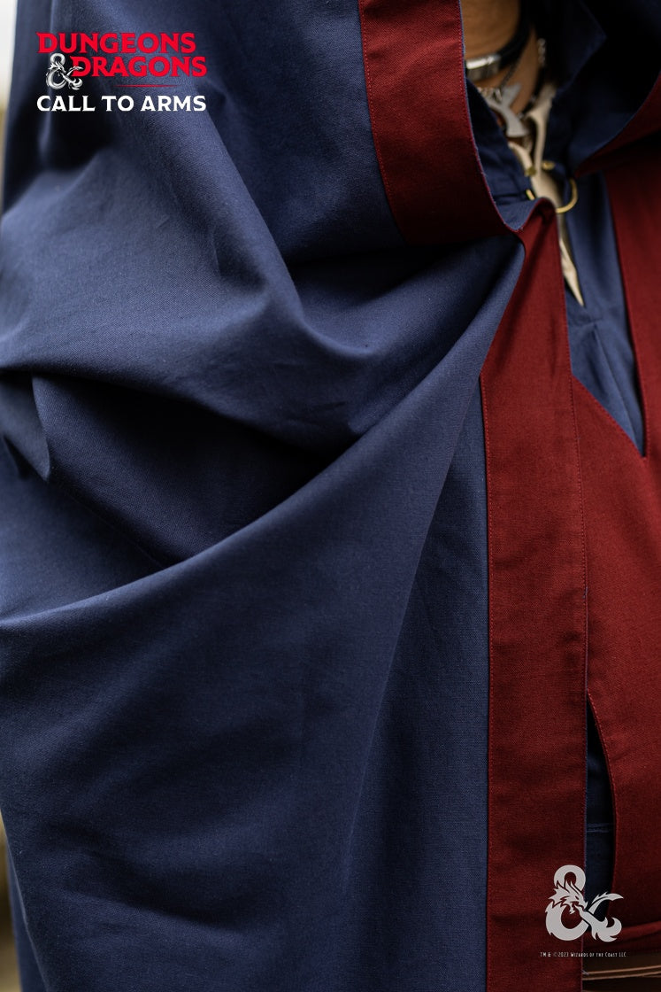 Dungeons & Dragons Wizard Cape in Dark Blue and Bordeaux, featuring a large hood and integrated loops for closure.
