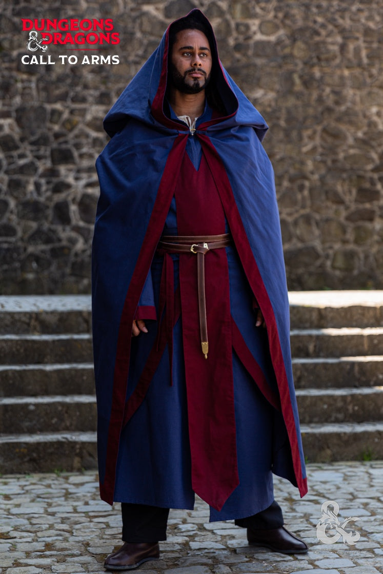 Dungeons & Dragons Wizard Garment Set featuring a dark blue and bordeaux tunic, cape with hood, and battle skirt, showcasing elegant design details.