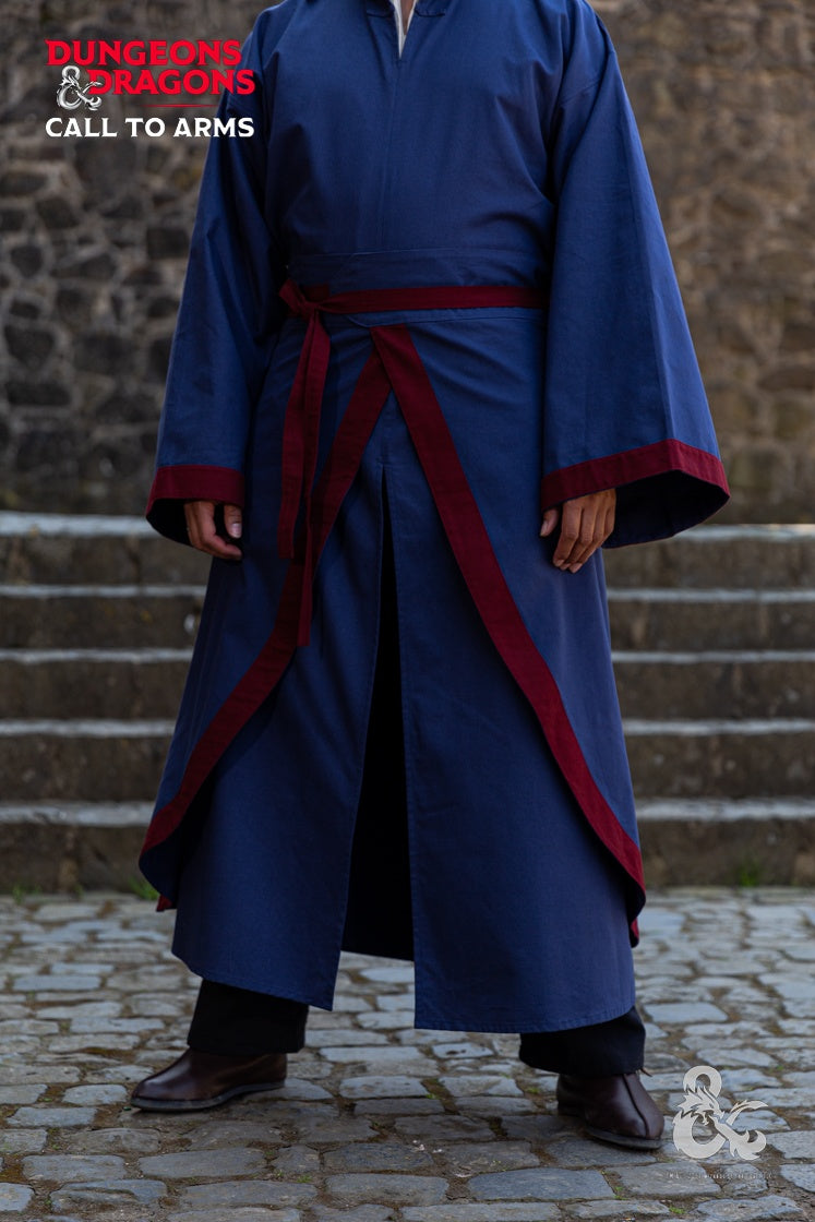 Dungeons & Dragons Wizard Garment Set featuring a dark blue and bordeaux tunic, cape with hood, and battle skirt, showcasing elegant design details.
