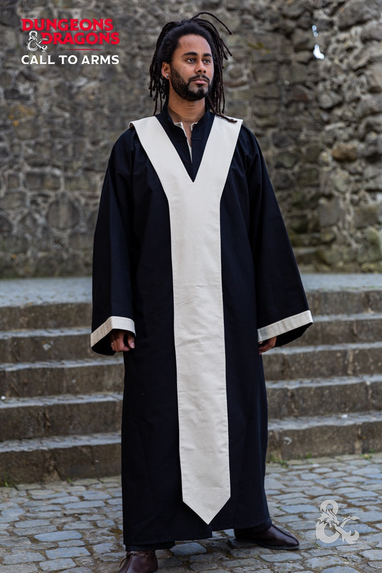 Dungeons & Dragons Wizard Robe in Black and Natural colors, featuring a stand-up collar, front slit, and adjustable loose bands.