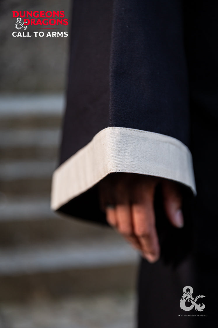 Dungeons & Dragons Wizard Robe in Black and Natural colors, featuring a stand-up collar, front slit, and adjustable loose bands.