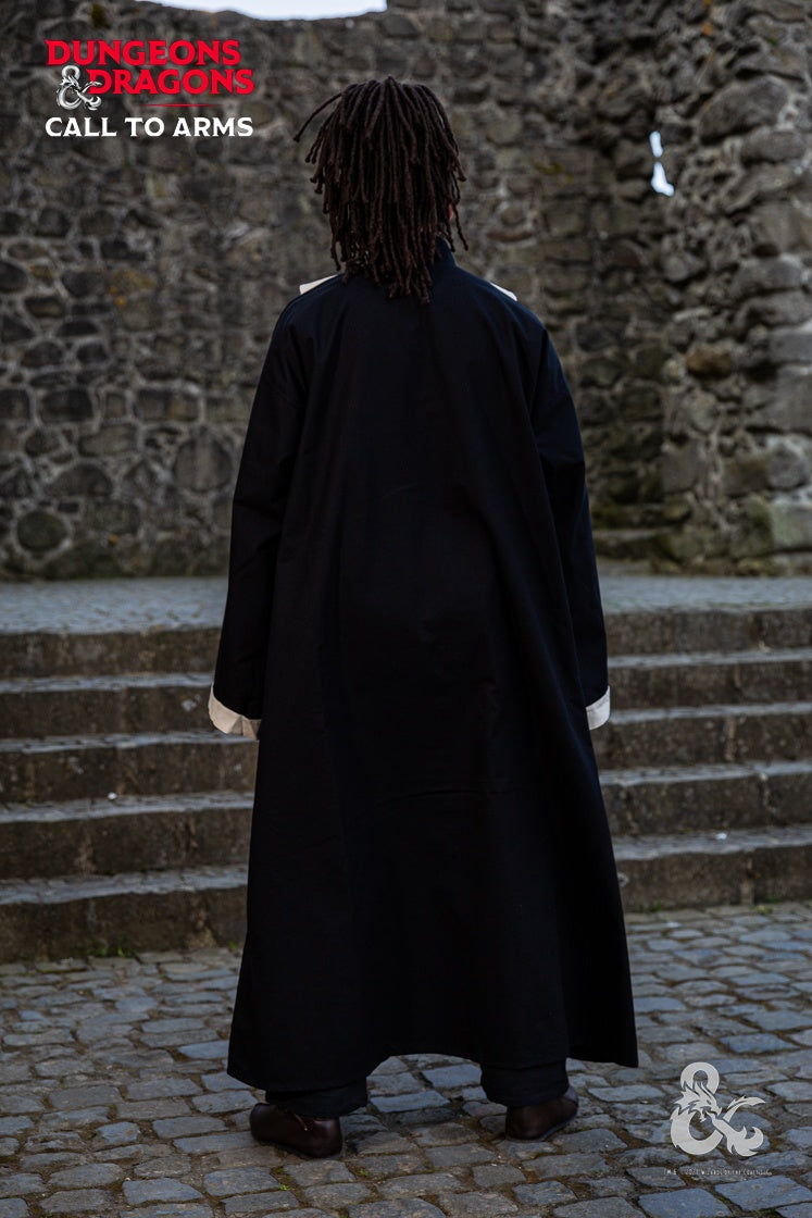 Dungeons & Dragons Wizard Robe in Black and Natural colors, featuring a stand-up collar, front slit, and adjustable loose bands.