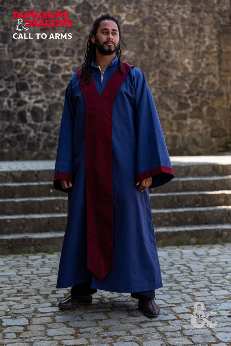 Dungeons & Dragons Wizard Robe in Dark Blue and Bordeaux with stand-up collar and front slit, showcasing elegant design and adjustable bands.