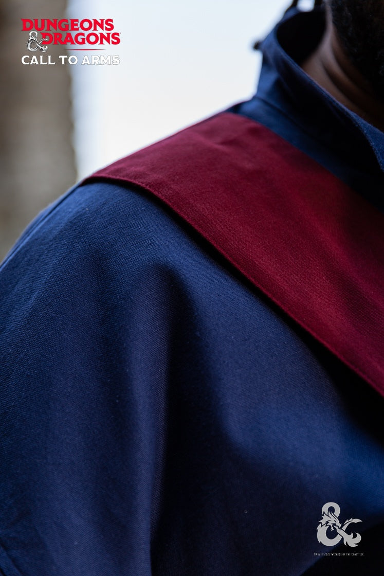 Dungeons & Dragons Wizard Robe in Dark Blue and Bordeaux with stand-up collar and front slit, showcasing elegant design and adjustable bands.
