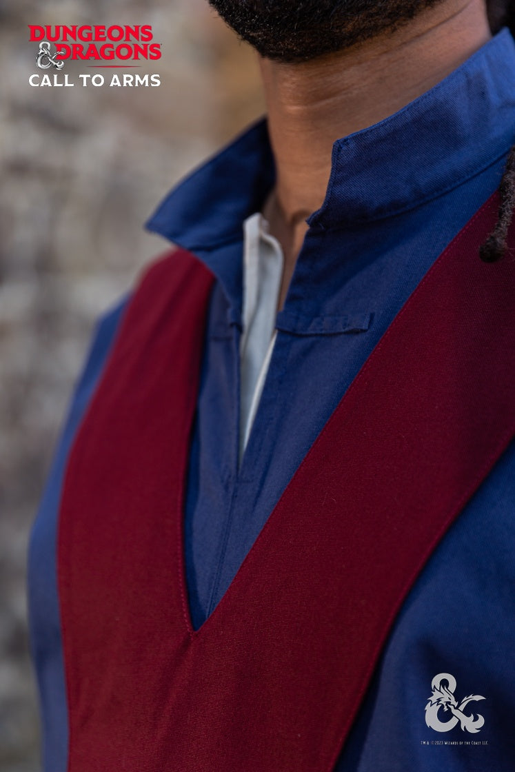 Dungeons & Dragons Wizard Robe in Dark Blue and Bordeaux with stand-up collar and front slit, showcasing elegant design and adjustable bands.