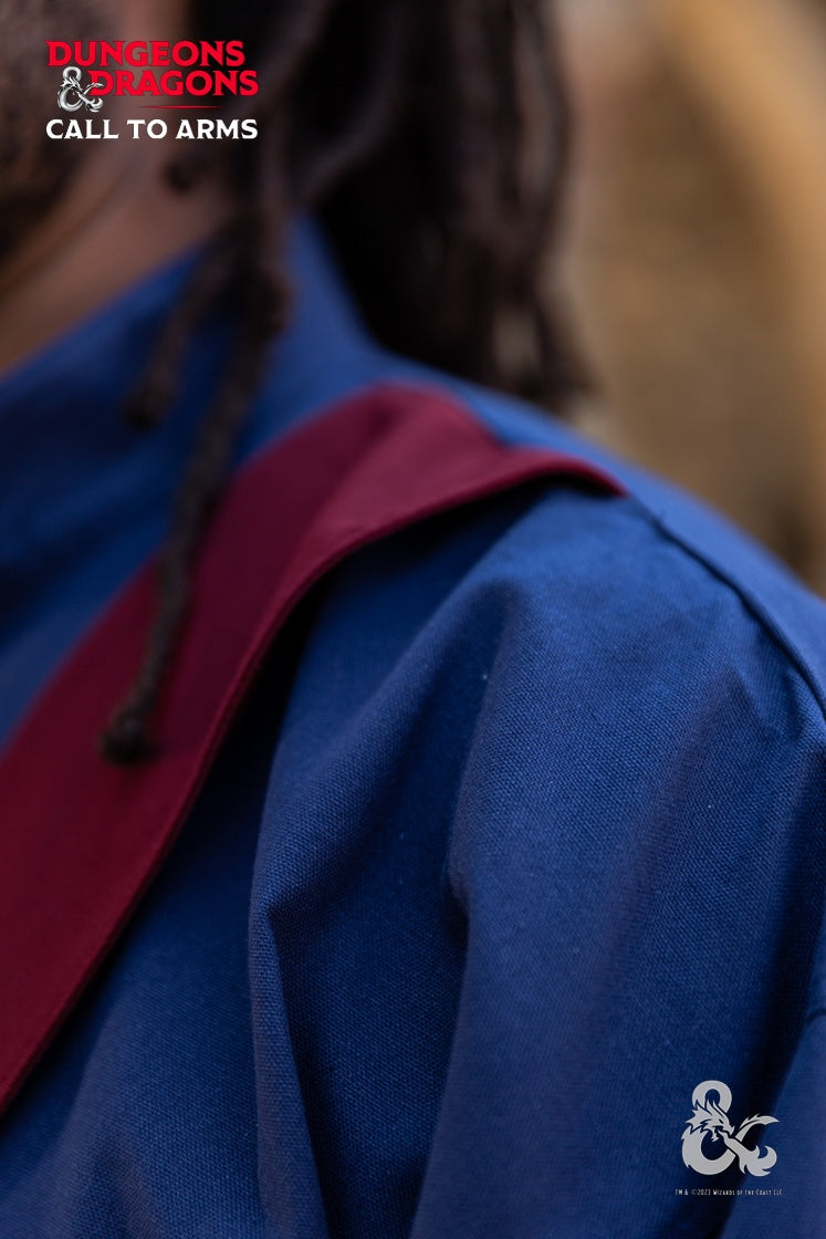 Dungeons & Dragons Wizard Robe in Dark Blue and Bordeaux with stand-up collar and front slit, showcasing elegant design and adjustable bands.